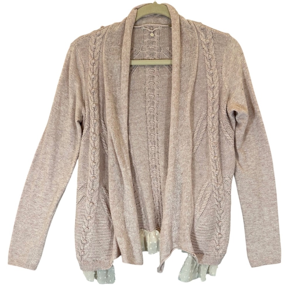Knitted & Knotted Anthro Pink Cable Knit Cashmere Blend Cardigan‎ Sz S Lace Hem